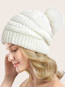 1pc Women's Knitted Beanie With Pom Pom And Pearl Decoration, Casual And Fashionable White Warm Hat For Winter - White - View 2