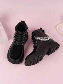 Bottes De Moto Plates Pour Filles Noires À La Mode Avec Chaîne Décorative Imperméable, Bottines De Princesse Pour L'automne Et L'hiver