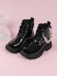 Bottes De Moto Plates Pour Filles Noires À La Mode Avec Chaîne Décorative Imperméable, Bottines De Princesse Pour L'automne Et L'hiver