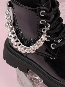Bottes De Moto Plates Pour Filles Noires À La Mode Avec Chaîne Décorative Imperméable, Bottines De Princesse Pour L'automne Et L'hiver