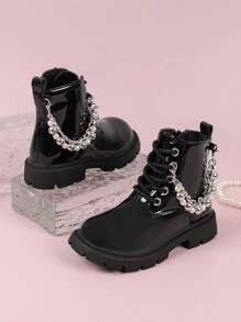 Bottes De Moto Plates Pour Filles Noires À La Mode Avec Chaîne Décorative Imperméable, Bottines De Princesse Pour L'automne Et L'hiver