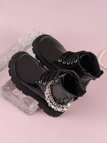 Bottes De Moto Plates Pour Filles Noires À La Mode Avec Chaîne Décorative Imperméable, Bottines De Princesse Pour L'automne Et L'hiver