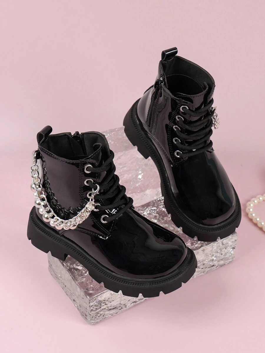 Bottes De Moto Plates Pour Filles Noires À La Mode Avec Chaîne Décorative Imperméable, Bottines De Princesse Pour L'automne Et L'hiver