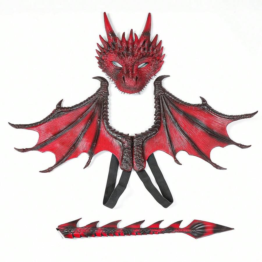 3pcs Dragon Cosplay Costume Set In Wine Red, Party Dress-Up Props - Burgundy - View 1