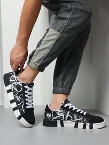 Men's Athletic Canvas Skate Shoes - Black and White - View 2