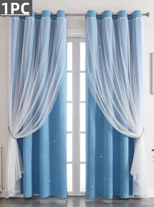 1件藍色星型剪裁窗簾,適用於客廳和臥室,採用布料和紗網製成,可阻擋光線和光源,適合節日裝飾,可愛而獨特的公主風格窗簾 - 藍色 - 查看 1