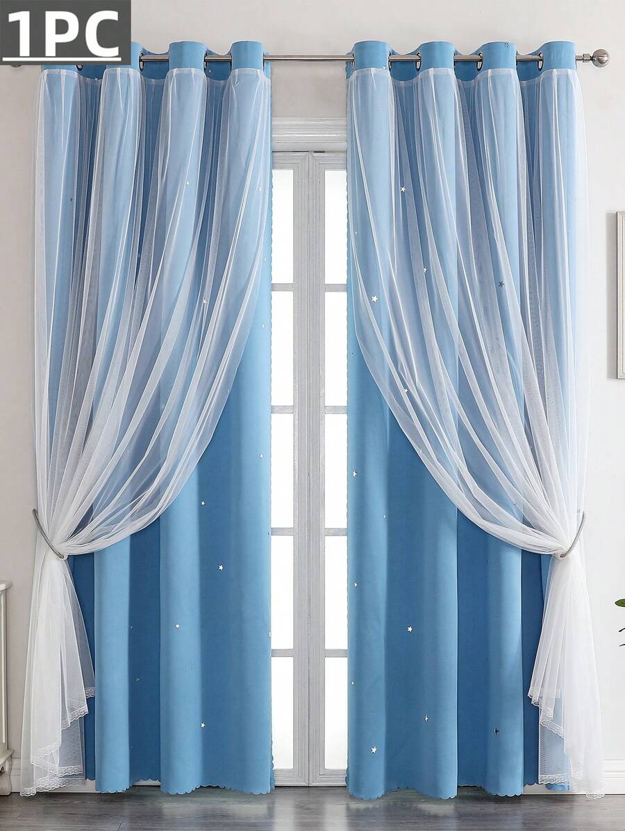 1件藍色星型剪裁窗簾,適用於客廳和臥室,採用布料和紗網製成,可阻擋光線和光源,適合節日裝飾,可愛而獨特的公主風格窗簾 - 藍色 - 查看 1