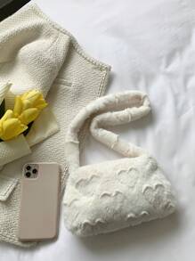 時尚毛絨愛心紋肩背包,也可作為手提包或斜跨包。實色長條包設計,毛茸茸的細節適合休閒穿著 - 白色 - 查看 3