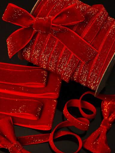 1 rotolo/3m Nastro di velluto con bordo in filo dorato, nastro di raso, nastro decorativo per confezione regalo, colore rosso