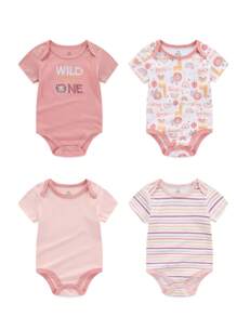 Set Of 4 Cotton Diapers Short Sleeve Rompers Baby Clothing - Pink - View 4