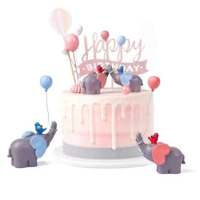 1pc Cute Resin Balloon Elephant Cake Topper, Baby Birthday Party Decoration, Dessert Table Supplies