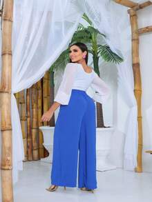 Women's High Waisted Elastic Waistband Wide Leg Pants - 寶藍色 - 查看 2