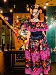 Halloween Mexican CATRINA Costume Floral FridITA Type Dress With Flower Headband With Veil CATRINA Halloween Costume, Party Clothing, Suitable For Celebrating Day Of The Dead, Halloween Parties Or Performances, CARNIVAL - 彩色 - 查看 2