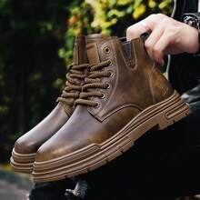 高筒工作靴機車靴時尚復古英式多用途男鞋防滑耐磨男鞋 - 棕色 - 查看 4