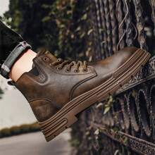 高筒工作靴機車靴時尚復古英式多用途男鞋防滑耐磨男鞋 - 棕色 - 查看 3