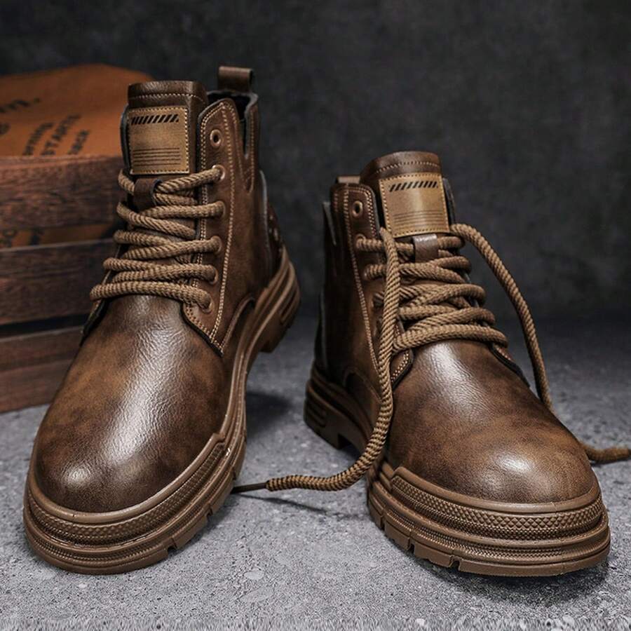 高筒工作靴機車靴時尚復古英式多用途男鞋防滑耐磨男鞋 - 棕色 - 查看 1