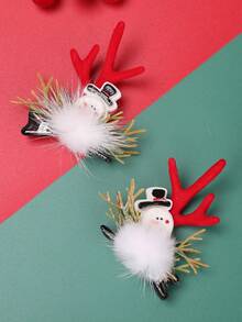 2 件裝女士聖誕派對髮夾,側面飾有雪人、馴鹿角裝飾