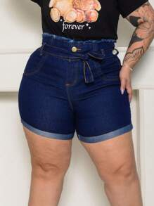 Plus Size Denim Shorts - 深色水洗藍 - 查看 4