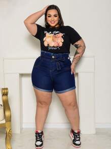 Plus Size Denim Shorts - 深色水洗藍 - 查看 3