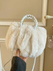 Solid Color Minimalist Plush Women's Handbag - Beige - View 8