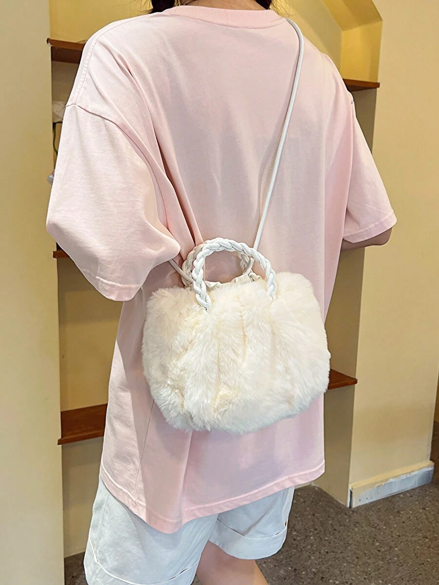 Solid Color Minimalist Plush Women's Handbag - Beige - View 1