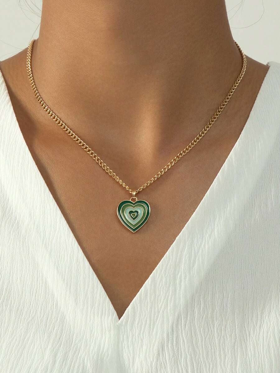 1入組時尚個性化金屬質感漸層綠色Love心形吊墜女性項鍊,最好禮物適用於日期