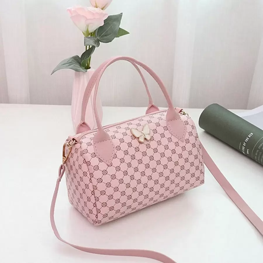 Butterfly Decor Throw Pillow Casual Shoulder Bag, Lightweight Handbag Cylindrical Tote Bag - Pink - View 1