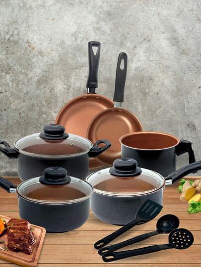 Jogo de Panelas Conjunto Caçarolas Kit 9 Peças Antiaderente Tampa de Vidro c/ Talheres