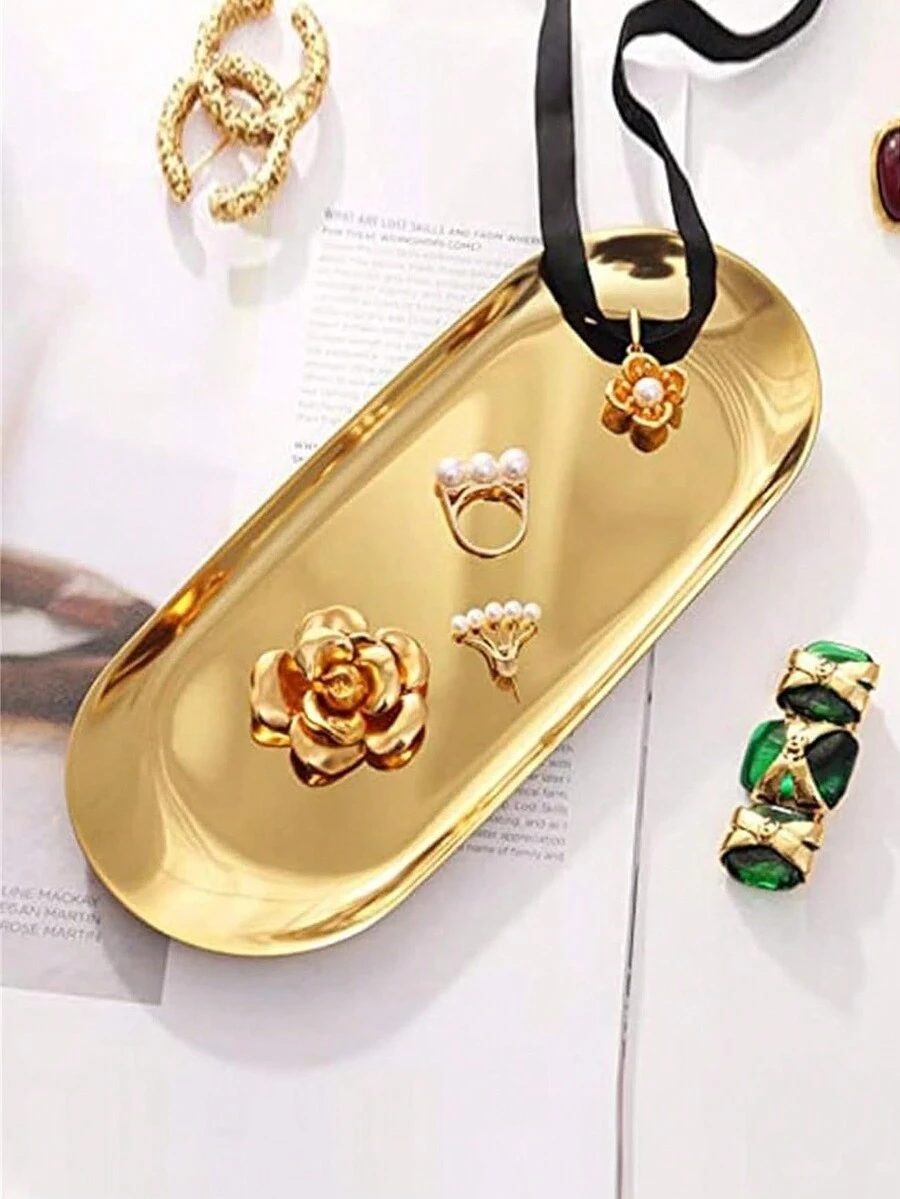 1pc Stainless Steel Gold Oval Platter Stand For Home Use, Space Saving Plate Stand For Cake And Steak - Gold - View 1