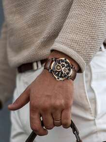 VA VA VOOM 1 Peça Relógio de Quartzo Masculino Estilo Esportivo Preto e Dourado Rosa e Prata 46mm Mostrador Grande Homem Relógio Movimento Original Casual Moda Estilo Militar Presente de Casal Série de Corrida Relógio para Homens