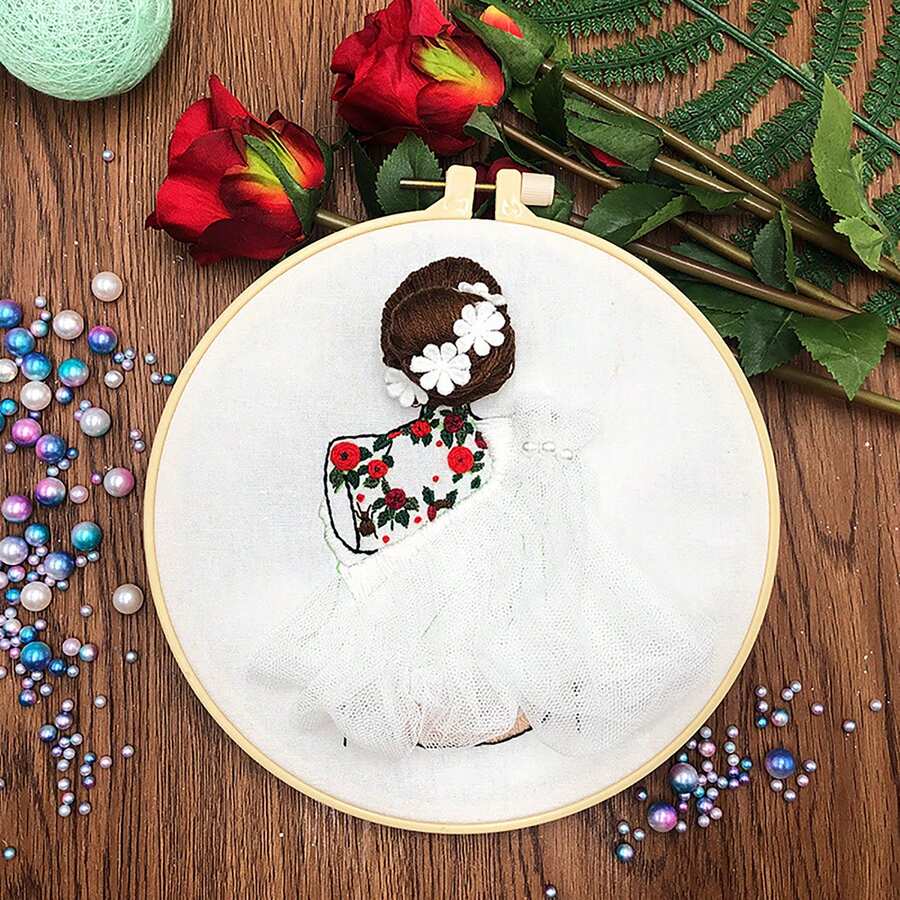 女孩子刺繡套件,背面視角設計,原創diy刺繡手工藝術,歐式創意初學者縫紉材料套件,附20cm刺繡環 - 白色 - 查看 1