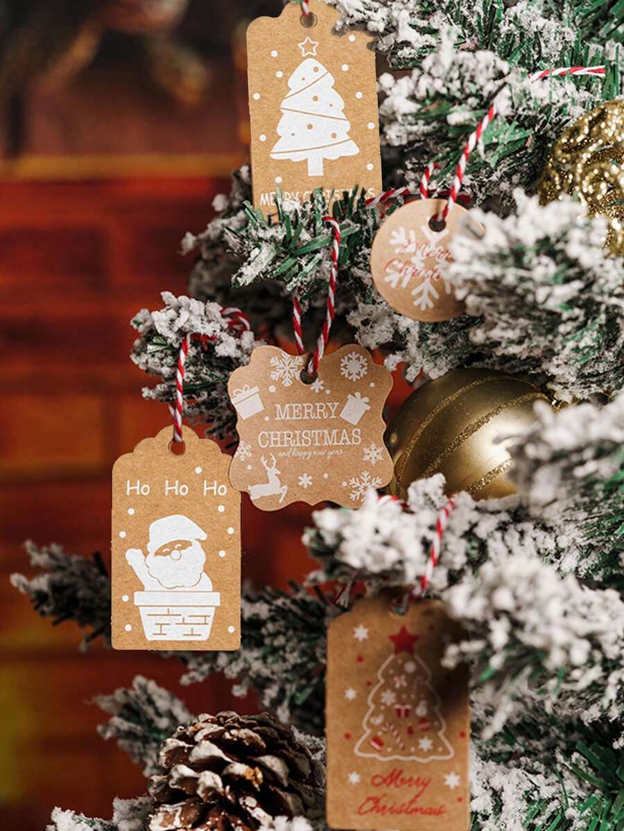 50pcs Christmas Gift Box Decoration Tags With Twine Christmas Card Tags Christmas Tree Cards Santa Claus Tags Christmas Decoration Supplies - Multicolor - View 1