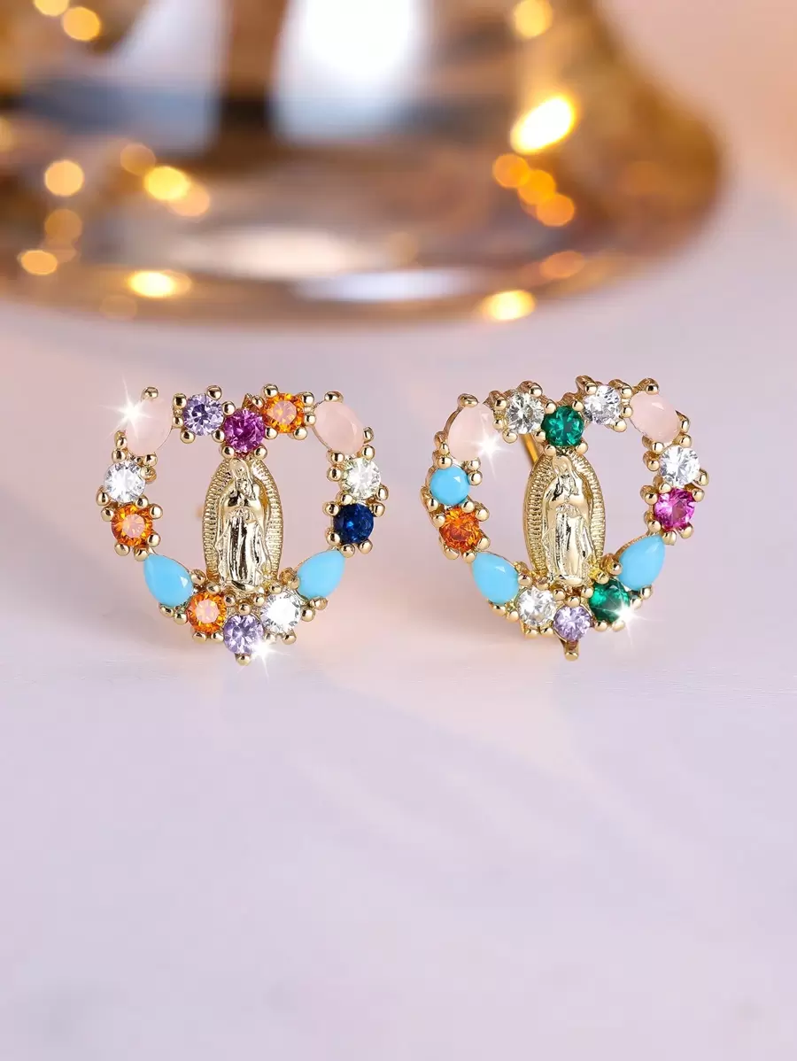 Tsnamer 1Pair Heart Virgin Mary Multicolor Cubic Zirconia Stud Earrings For Women Girls Valentine's Day Daily Jewelry Gifts Valentines - White - View 1