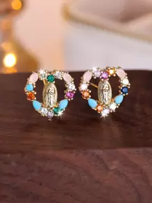 Tsnamer 1Pair Heart Virgin Mary Multicolor Cubic Zirconia Stud Earrings For Women Girls Valentine's Day Daily Jewelry Gifts Valentines - White - View 3