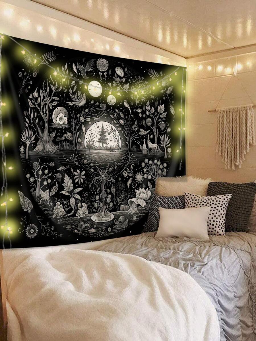 1 件月光树印花挂毯，现代风格涤纶纤维方形装饰壁挂，适用于客厅和卧室装饰，房间旗帜，墙壁装饰 - 彩色 - 查看 1