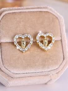 Tsnamer 1Pair Heart Virgin Mary Multicolor Cubic Zirconia Stud Earrings For Women Girls Valentine's Day Daily Jewelry Gifts Valentines - White - View 7