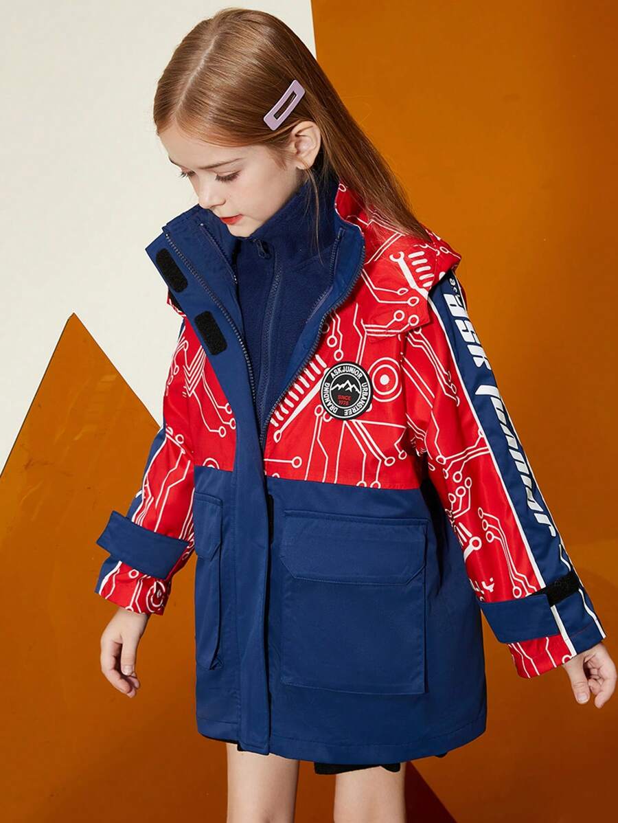 2pcs/Set Tween Girls' Hooded Jacket With Thermal Lined, Autumn/Winter - Red - View 1