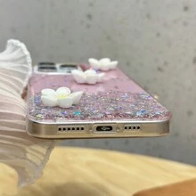 1pc Glitter Starry Sky & Three Flowers Patterned Fashion Phone Case Compatible With Both Iphone And Android Phones - Pink - View 9