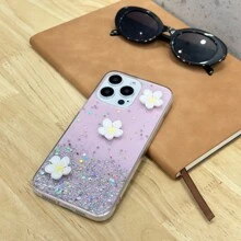 1pc Glitter Starry Sky & Three Flowers Patterned Fashion Phone Case Compatible With Both Iphone And Android Phones - Pink - View 6
