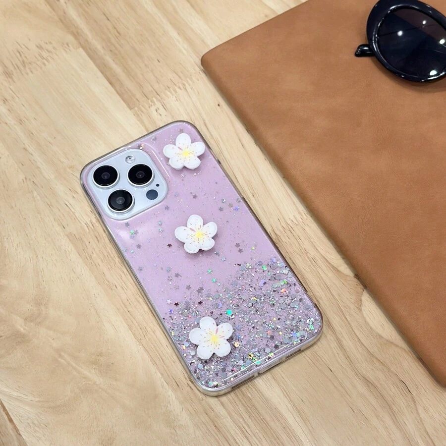 1pc Glitter Starry Sky & Three Flowers Patterned Fashion Phone Case Compatible With Both Iphone And Android Phones - Pink - View 1