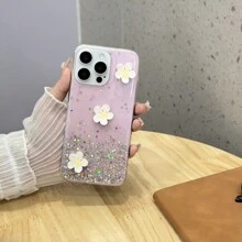 1pc Glitter Starry Sky & Three Flowers Patterned Fashion Phone Case Compatible With Both Iphone And Android Phones - Pink - View 4