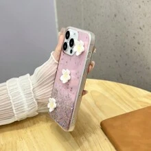 1pc Glitter Starry Sky & Three Flowers Patterned Fashion Phone Case Compatible With Both Iphone And Android Phones - Pink - View 5