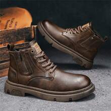 Men's Vintage Style Elevator Work Boots With Thick Sole And High Top, Pu Leather Material, British Style, Autumn - Brown - View 4