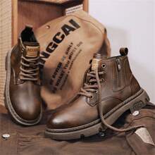 Men's Vintage Style Elevator Work Boots With Thick Sole And High Top, Pu Leather Material, British Style, Autumn - Brown - View 7