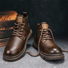 Men's Vintage Style Elevator Work Boots With Thick Sole And High Top, Pu Leather Material, British Style, Autumn - Brown - View 5