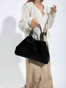 時尚長毛絨素色簡單休閒托特包帶吊墜 - 黑色 - 查看 3