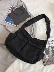 Japanese & Korean Style Fashionable Canvas Crossbody Bag With Multiple Pockets, Large Capacity - Black - View 3