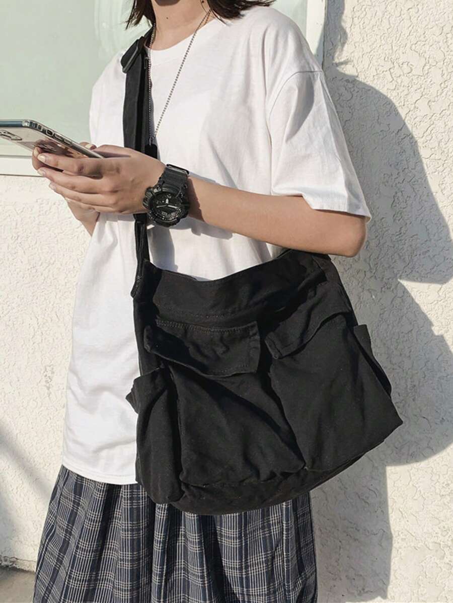 Japanese & Korean Style Fashionable Canvas Crossbody Bag With Multiple Pockets, Large Capacity - Black - View 1