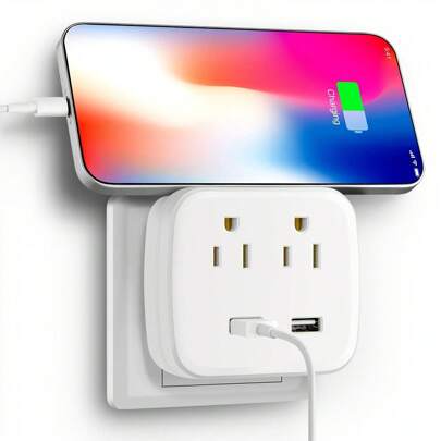 1pc White Wall-mounted Usb Charger, Total Output 10a, Equipped With Surge Protector, Multiple Sockets, 2 Socket Expanders, 2 Usb Ports For Charging, Suitable For Home/school/office/travel