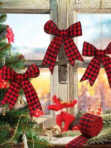 1套聖誕節禮物裝飾絲帶,粗麻方格絲帶,花環絲帶,適用於diy禮物包裝,弓裝飾,聖誕節派對裝飾 - 紅色 - 查看 10